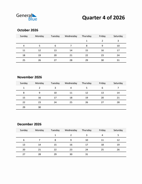 Quarter 4 2026 calendar template