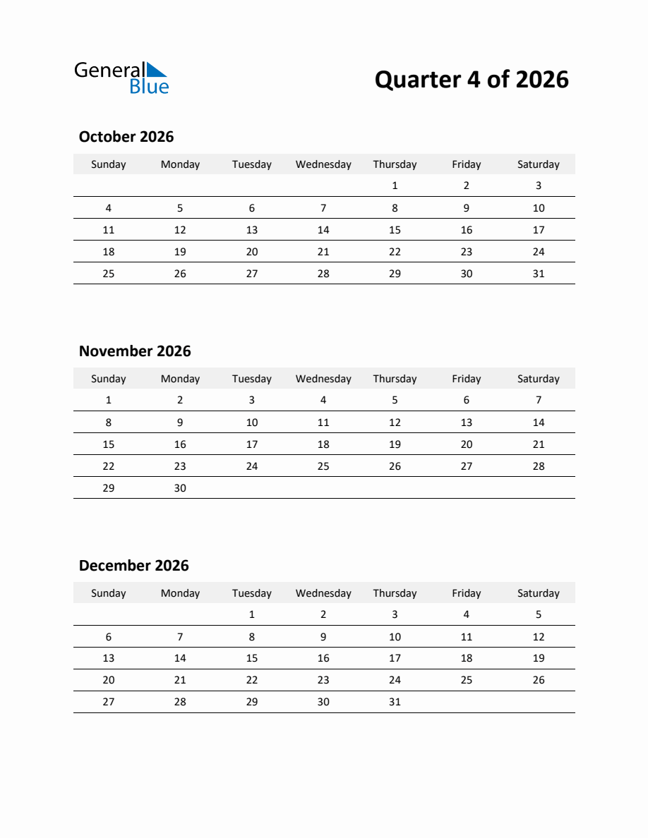 2026 Q4 ThreeMonth Calendar (October, November, and December)