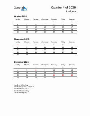 Andorra Quarter 4  2026 calendar template