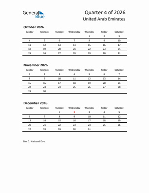 United Arab Emirates Quarter 4  2026 calendar template