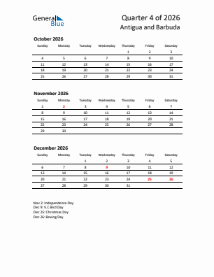 Antigua and Barbuda Quarter 4  2026 calendar template