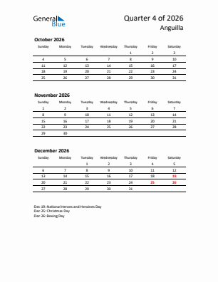 Anguilla Quarter 4  2026 calendar template