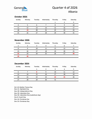 Albania Quarter 4  2026 calendar template