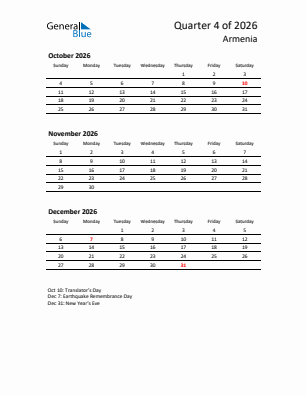 Armenia Quarter 4  2026 calendar template