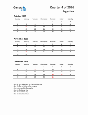 Argentina Quarter 4  2026 calendar template