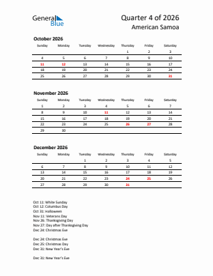 American Samoa Quarter 4  2026 calendar template