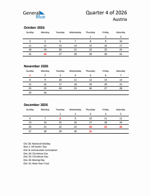 Austria Quarter 4  2026 calendar template