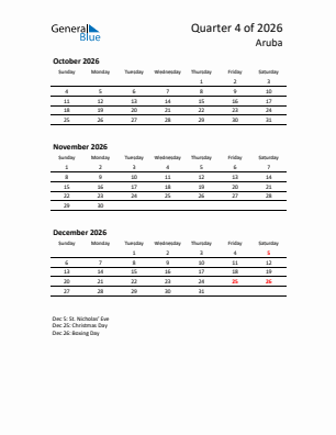 Aruba Quarter 4  2026 calendar template