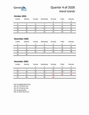 Aland Islands Quarter 4  2026 calendar template