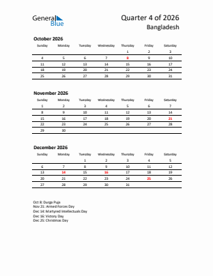 Bangladesh Quarter 4  2026 calendar template