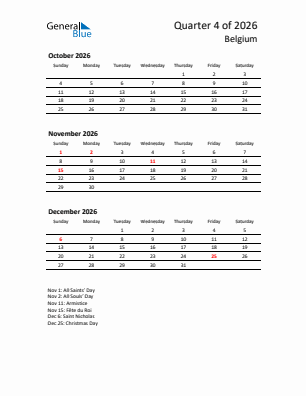 Belgium Quarter 4  2026 calendar template