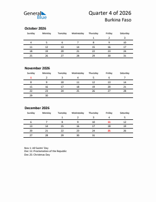 Burkina Faso Quarter 4  2026 calendar template
