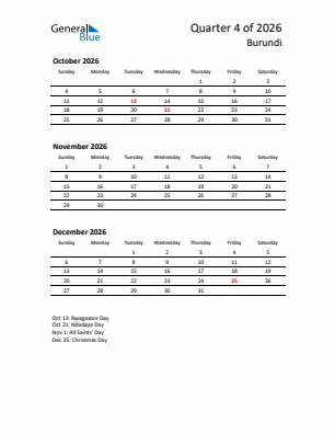 Burundi Quarter 4  2026 calendar template