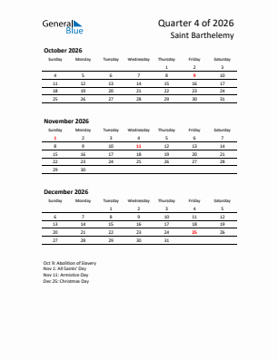 Saint Barthelemy Quarter 4  2026 calendar template