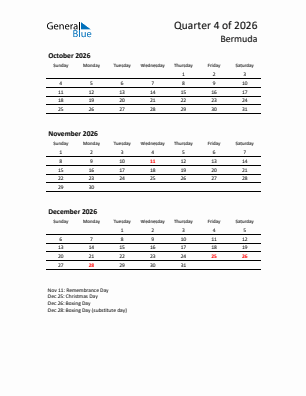 Bermuda Quarter 4  2026 calendar template