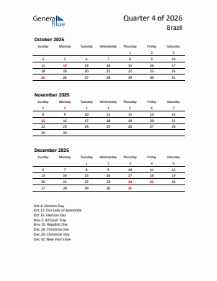 Brazil Quarter 4  2026 calendar template