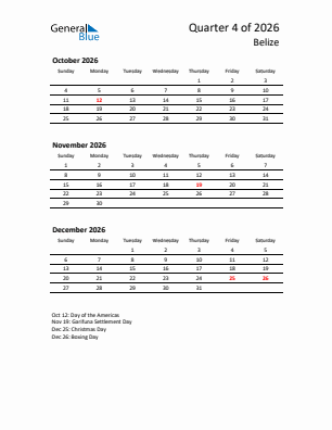 Belize Quarter 4  2026 calendar template