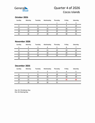 Cocos Islands Quarter 4  2026 calendar template