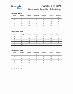 Democratic Republic of the Congo Quarter 4  2026 calendar template