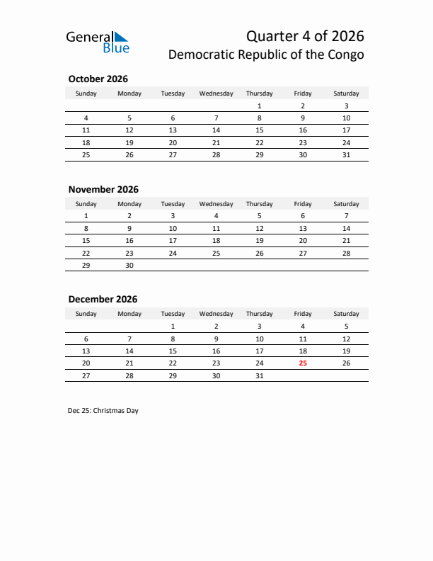 2026 Q4 Three-Month Calendar for Democratic Republic of the Congo