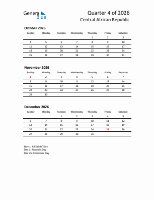 Central African Republic Quarter 4  2026 calendar template
