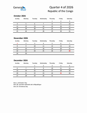 Republic of the Congo Quarter 4  2026 calendar template