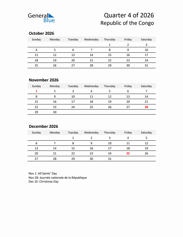 2026 Q4 Three-Month Calendar for Republic of the Congo