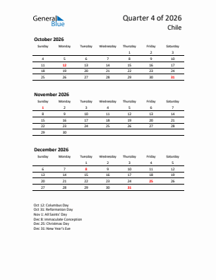 Chile Quarter 4  2026 calendar template