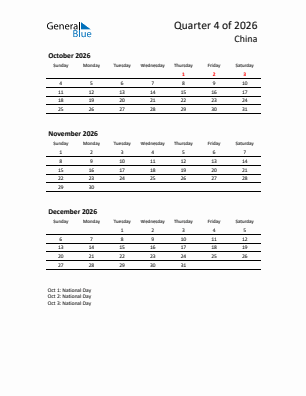 China Quarter 4  2026 calendar template