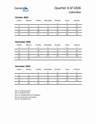 Colombia Quarter 4  2026 calendar template