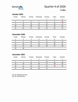 Cuba Quarter 4  2026 calendar template