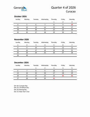 Curacao Quarter 4  2026 calendar template