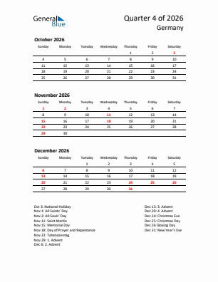 Germany Quarter 4  2026 calendar template
