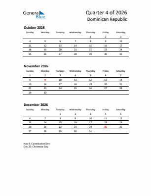 Dominican Republic Quarter 4  2026 calendar template