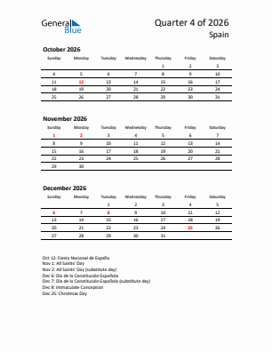 Spain Quarter 4  2026 calendar template