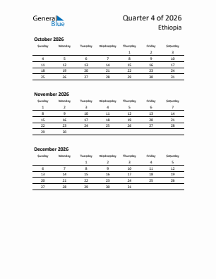 Ethiopia Quarter 4  2026 calendar template