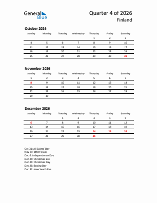 Finland Quarter 4  2026 calendar template