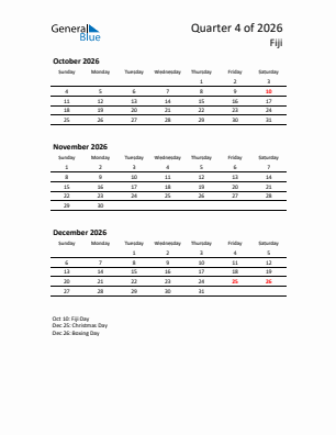 Fiji Quarter 4  2026 calendar template