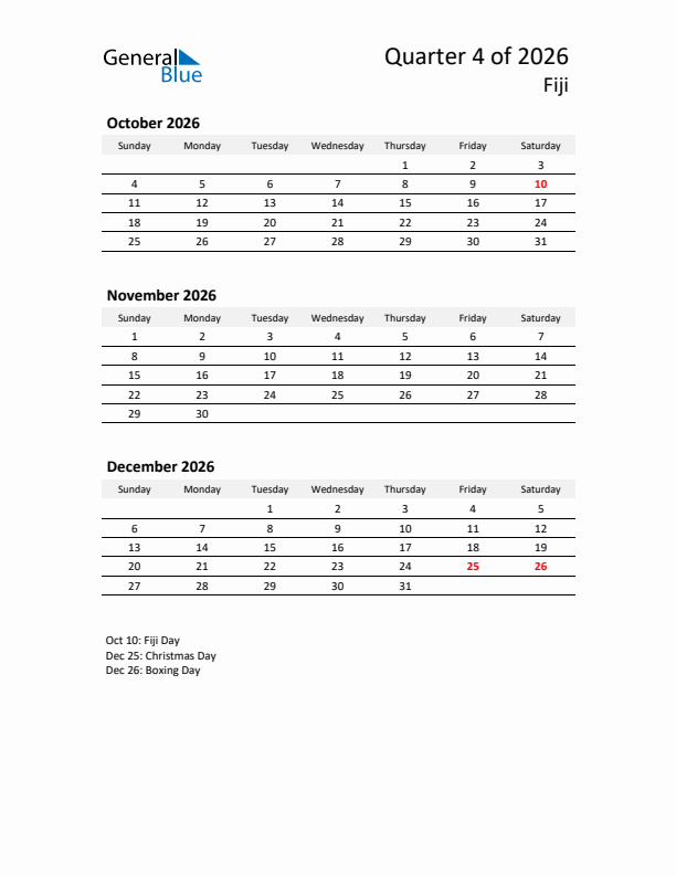 2026 Q4 Three-Month Calendar for Fiji