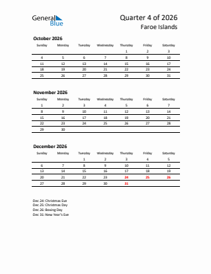Faroe Islands Quarter 4  2026 calendar template