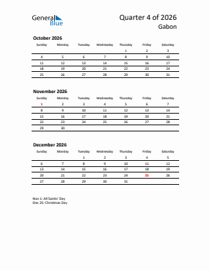 Gabon Quarter 4  2026 calendar template