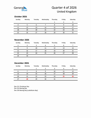 United Kingdom Quarter 4  2026 calendar template