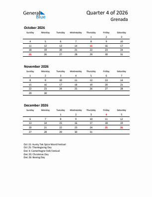 Grenada Quarter 4  2026 calendar template
