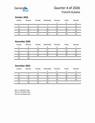 French Guiana Quarter 4  2026 calendar template