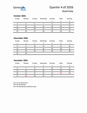 Guernsey Quarter 4  2026 calendar template