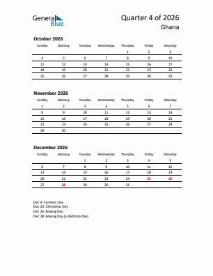 Ghana Quarter 4  2026 calendar template