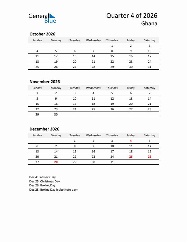 2026 Q4 Three-Month Calendar for Ghana