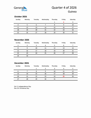Guinea Quarter 4  2026 calendar template
