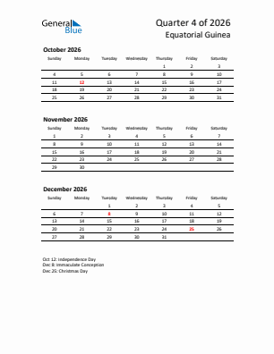 Equatorial Guinea Quarter 4  2026 calendar template