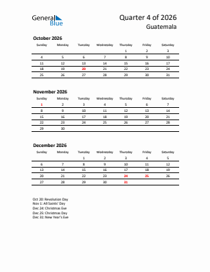 Guatemala Quarter 4  2026 calendar template